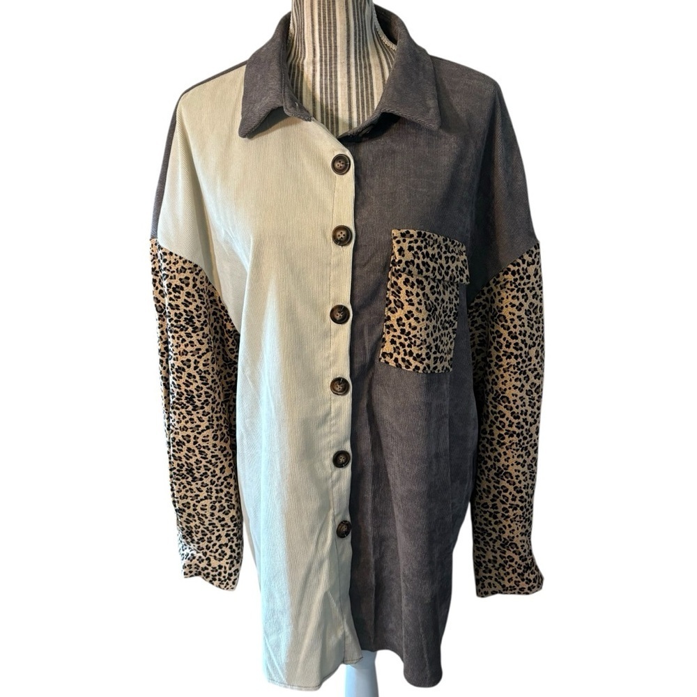 New SHEIN Shirt XL Two-Tone Leopard Button Down Cream Gray Ribbed Long Sleeve